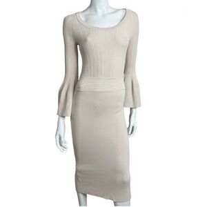 Eva Mended For New York & Company Bell Sleeves Ribbed Bodycon Beige Midi Dress
